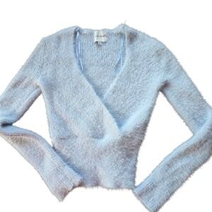 Pink Rose Fluffy Fuzzy Sweater Womens Size Large Powder Blue Y2K  Clueless 1111